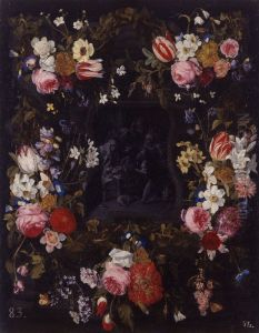Garland of flowers with the 'Adoration of the shepherds' by Daniel Seghers