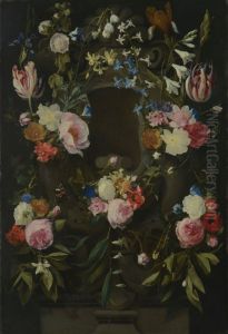 Sculpted cartouche addorned with flowers by Daniel Seghers