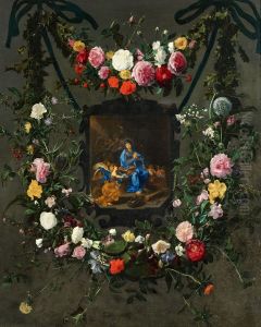A garland of flowers surrounding a medallion of the Virgin in prayer