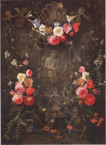 Cartouche met bloemguirlandes rondom een voorstelling van Ecce Homo by Daniel Seghers