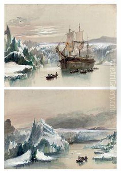 An Exploration Vessel Anchored In Arctic Waters With The Crew Rowing Ashore - view 1