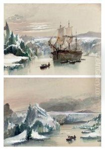 An Exploration Vessel Anchored In Arctic Waters With The Crew Rowing Ashore by George Bryant Campion