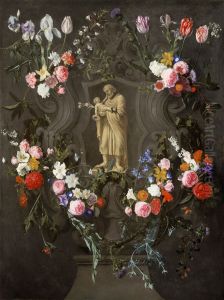 Floral decorations around a niche with St. Joseph and the Christ child by Daniel Seghers