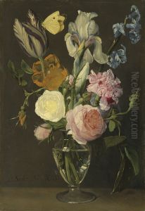 Roses, tulips, irises and other flowers in a glass vase with a cabbage white butterfly by Daniel Seghers
