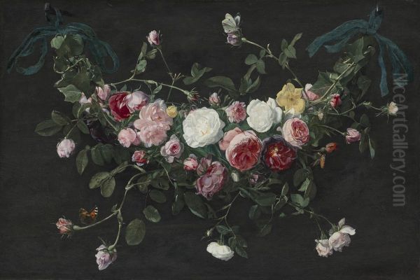Garland of roses and ivy suspended by ribbons, with a cabbage white and a tortoiseshell butterfly - view 1