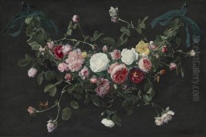Garland of roses and ivy suspended by ribbons, with a cabbage white and a tortoiseshell butterfly by Daniel Seghers