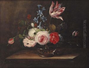 Roses, a tulip, and bluebells in a glass vase, on a wooden ledge by Jan van den Hecke