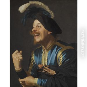 Laughing musician with a violin under his arm by Gerard van Honthorst