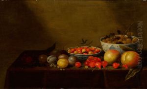 Still life of assorted fruit with two blue-and-white porcelain bowls by Floris van Schooten