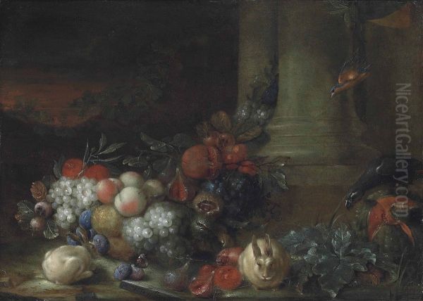 Grapes, plums, pomegranates, oranges and other fruit with a parrot among classical ruins in a landscape - view 1