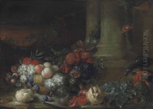 Grapes, plums, pomegranates, oranges and other fruit with a parrot among classical ruins in a landscape by Peter Mathys Gillemans