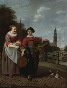 A female vegetable seller and a housewife at the Eenhoornsluis in Amsterdam, in the background the Westertoren by Michiel van Musscher