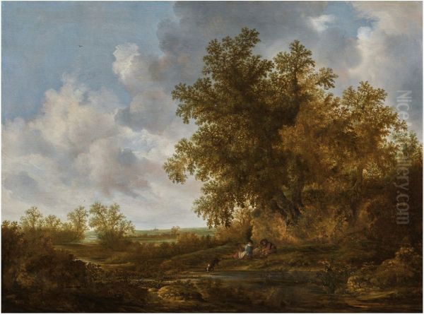 Wooded landscape with resting couple by a pool - view 1