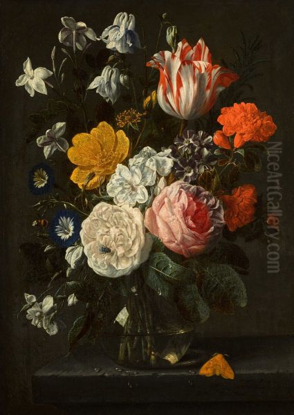 Still life of roses, tulips, Spanish jasmine, morning glories, carnations and other flowers in a glass vase on a ledge - view 1