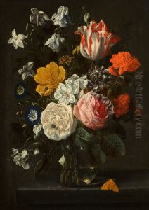 Still life of roses, tulips, Spanish jasmine, morning glories, carnations and other flowers in a glass vase on a ledge by Nicolaes Van Verendael