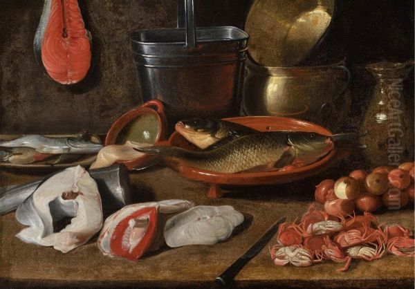 Still life with fish, kitchenware, crabs and onions - view 1
