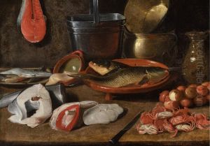 Still life with fish, kitchenware, crabs and onions by Jacob van Es