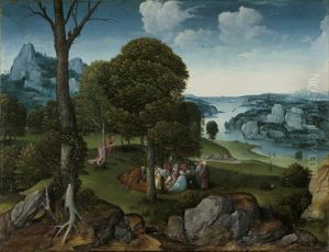 Landschap met de prediking van Johannes de Doper (Lucas 3:1-15) by Joachim Patinir