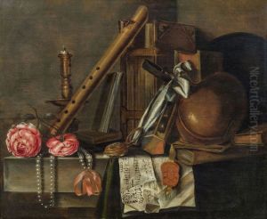 Still life with books, music, recorder and two roses by Godfriedt Van Bochoutt