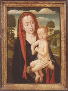 Maria met kind voor een borstwering met doorzicht naar een heuvellandschap by Hugo Van Der Goes