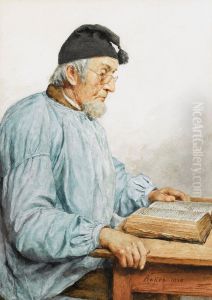 Lesender alter Bauer. by Albert Anker