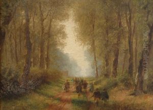 Jagdgesellschaft auf einem Waldpfad by Albert Arnz