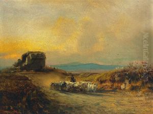 Heimkehrende Langhornrinder in der Romischen Campagna. Abendstimmung by Albert Arnz
