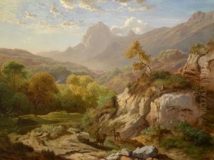 Rotwild in einer weiten Gebirgslandschaft by unknown