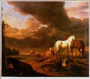 Drie paarden in een landschap met vee by Adriaen Van De Velde