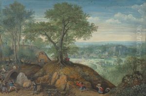 Extensive landscape with plundering soldiers by Lucas van Valckenborch