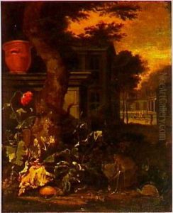 Plant still life in a garden with a view of a summer house by Abraham Begeyn