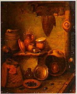 Interieur met boerderijstilleven by Pieter de Bloot