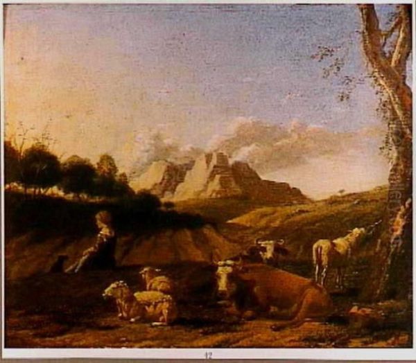 Zuidelijk landschap met vee en herderin - view 1
