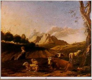 Zuidelijk landschap met vee en herderin by Karel Dujardin