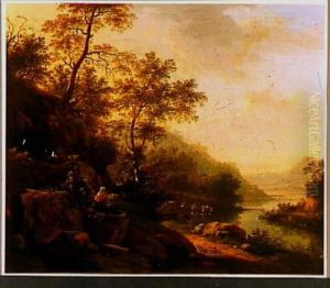 Italiaans landschap met rustend vee en herders bij een