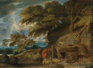 Wooded landscape with shepherd and sheep near a waterway Wooded landscape with shepherd and sheep near a waterway