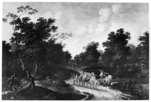 Wooded landscape with hunters on a sandy track