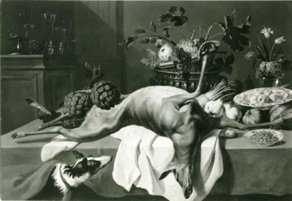Hunter's trophies with deer, fruit and a dog - view 1
