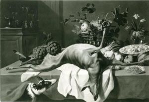 Hunter's trophies with deer, fruit and a dog