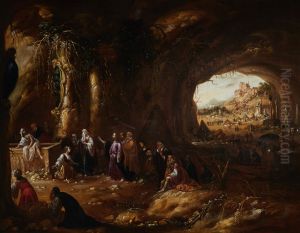 Interior of a grotto with the raising of Lazarus by Rombout Van Troyen