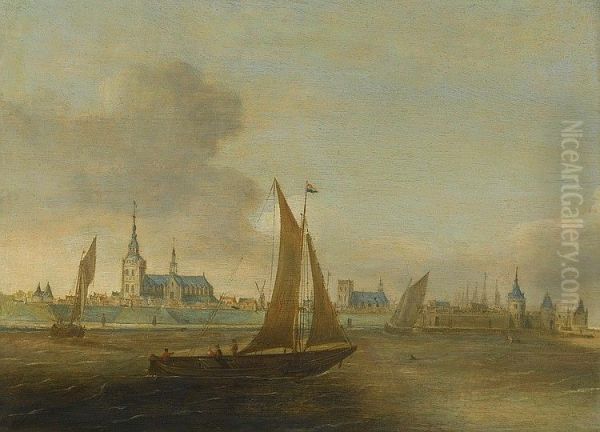 Ships off the coast near a town - view 1