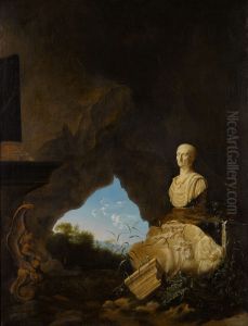 Cave interior with a bust and fragments of antique sculpture