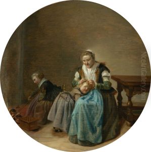 Mother taking care of a child in an interior, with another child by the fireplace by Dirck Hals