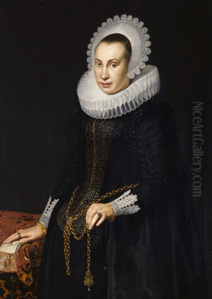 Portrait of a young woman in a black damask dress with a ruff and white lace - view 1