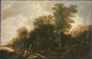 Wooded landscape with women bathing by Francois Van Knibbergen