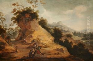 Rocky landscape with hunters wearing oriental costume, conversing on a rocky path