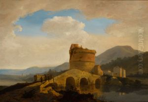 Landscape near Rome, with the grave of the Plautii by the river Aniene by Adriaen van Eemont