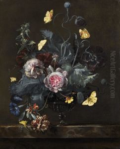 Flowers in a glass vase, with butterflies, on a marble ledge by Otto Marseus van Schrieck