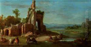 An Italianate landscape with ruins by Bartholomeus Breenbergh