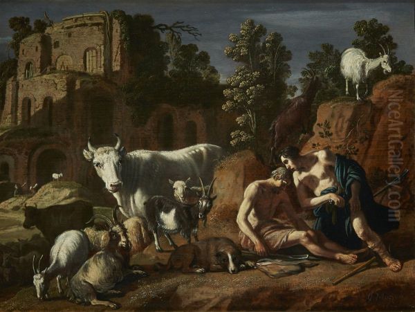 Mercury and Argus surrounded by animals in a landscape - view 1